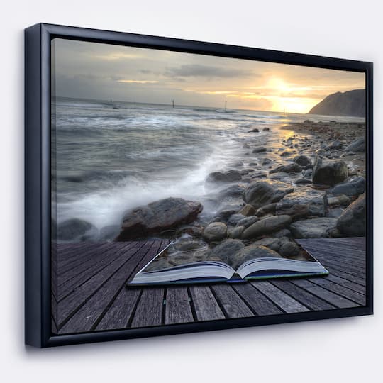 Designart - Open Book to the Evening Sea - Contemporary Canvas Art Print in Black Frame